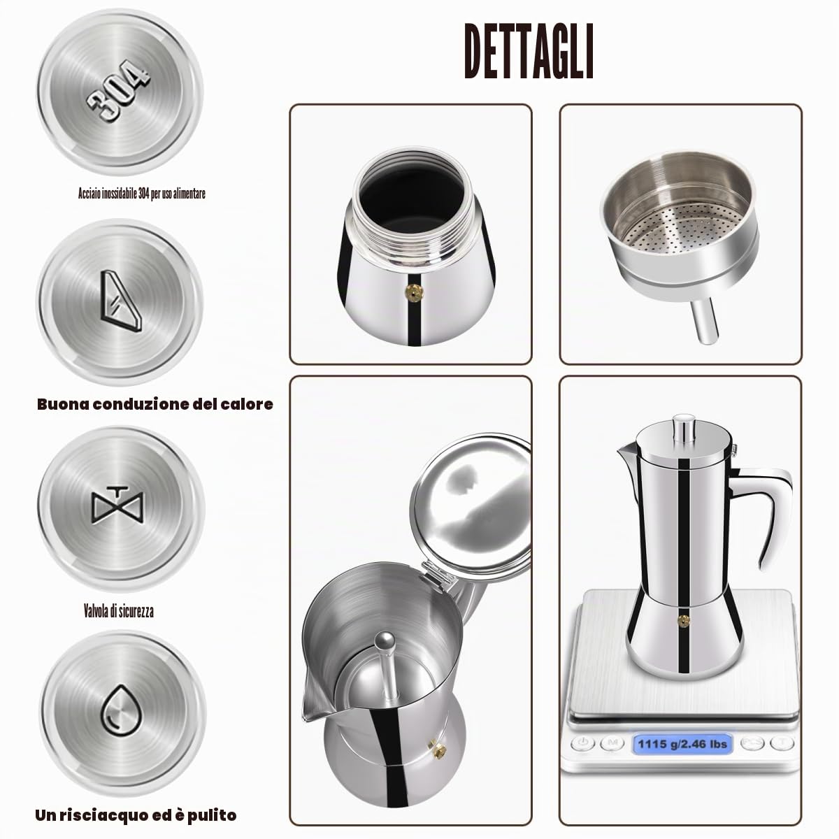 12 Tazze Addensate in Acciaio Inox 304 Moka Pot Stovetop Espresso Maker Percolator Cafeteras Italian Coffee Maker Capable Mocha Coffee Machine Greca Coffee Maker for Home e Camping 600ml 20oz