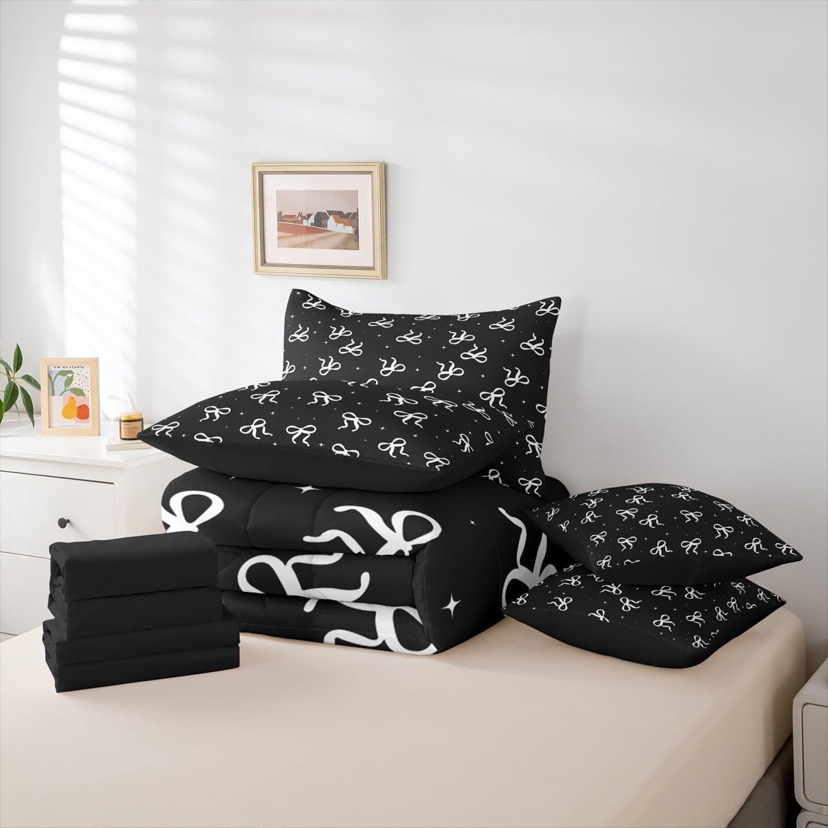 Erosebridal Black and White Bow Bedding Set 7-Piece for Girls Women Black Coquette Queen Size Comforter Set with Sheets Preppy Aesthetic Modern Fashion Bow Bed in A Bag for Kids Teens Adults