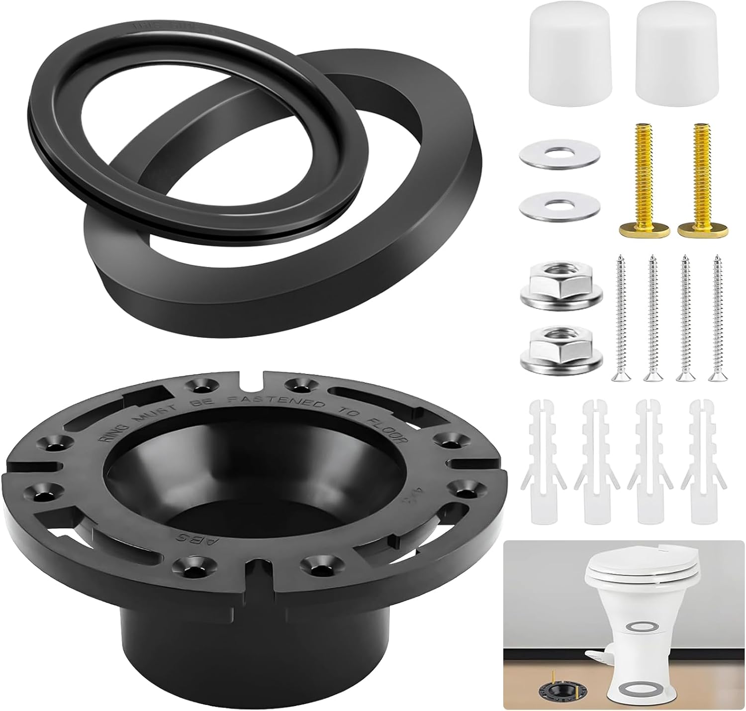 3 in 1 Combo RV Toilet Seal Kit, with 3 in Socket Floor Flange, RV Toilet Seal Replacement for RV 300/310/320 Toilets, Replaces 385345892 RV Floor Flange, 385311658 Flush Seal and 385311652 Base Seal