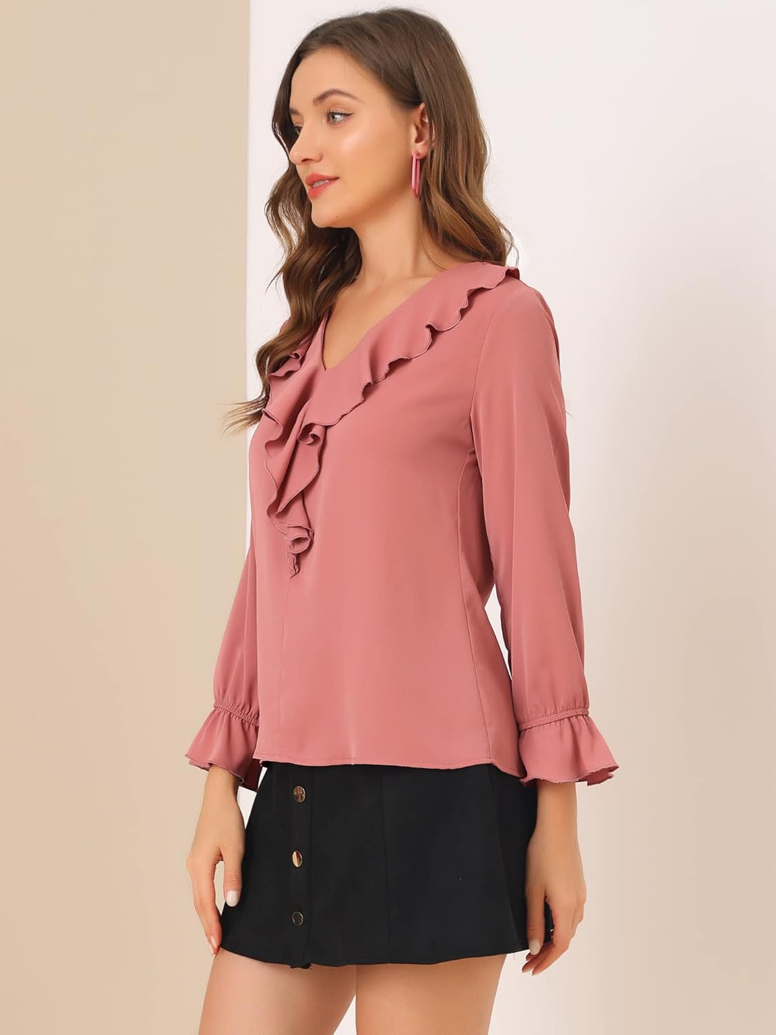 Allegra K Women's Ruffle Blouse for Business Work Elegant V Neck Long Sleeve Casual Dressy Top - Image 4