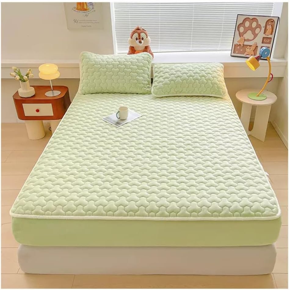 OBONG Winter Warm Thicken Mattress Cover King Queen Milk Velvet Fitted Sheet Bedding Quilted Mattress Pad Soft Breathable Elastic Fitted Mattress Protector (Color : #04, Size : Queen-150 * 200cm)