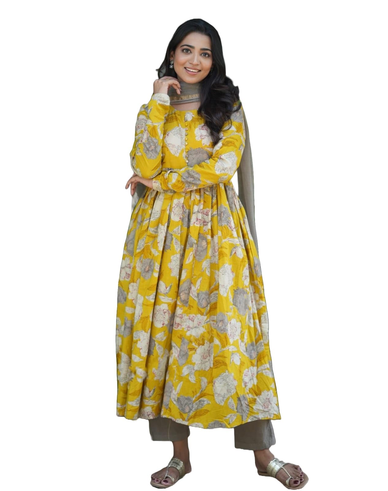 Nermosa Women Printed Anarkali Kurta And Pant Set With Dupatta (In, Alpha, L, Yellow)