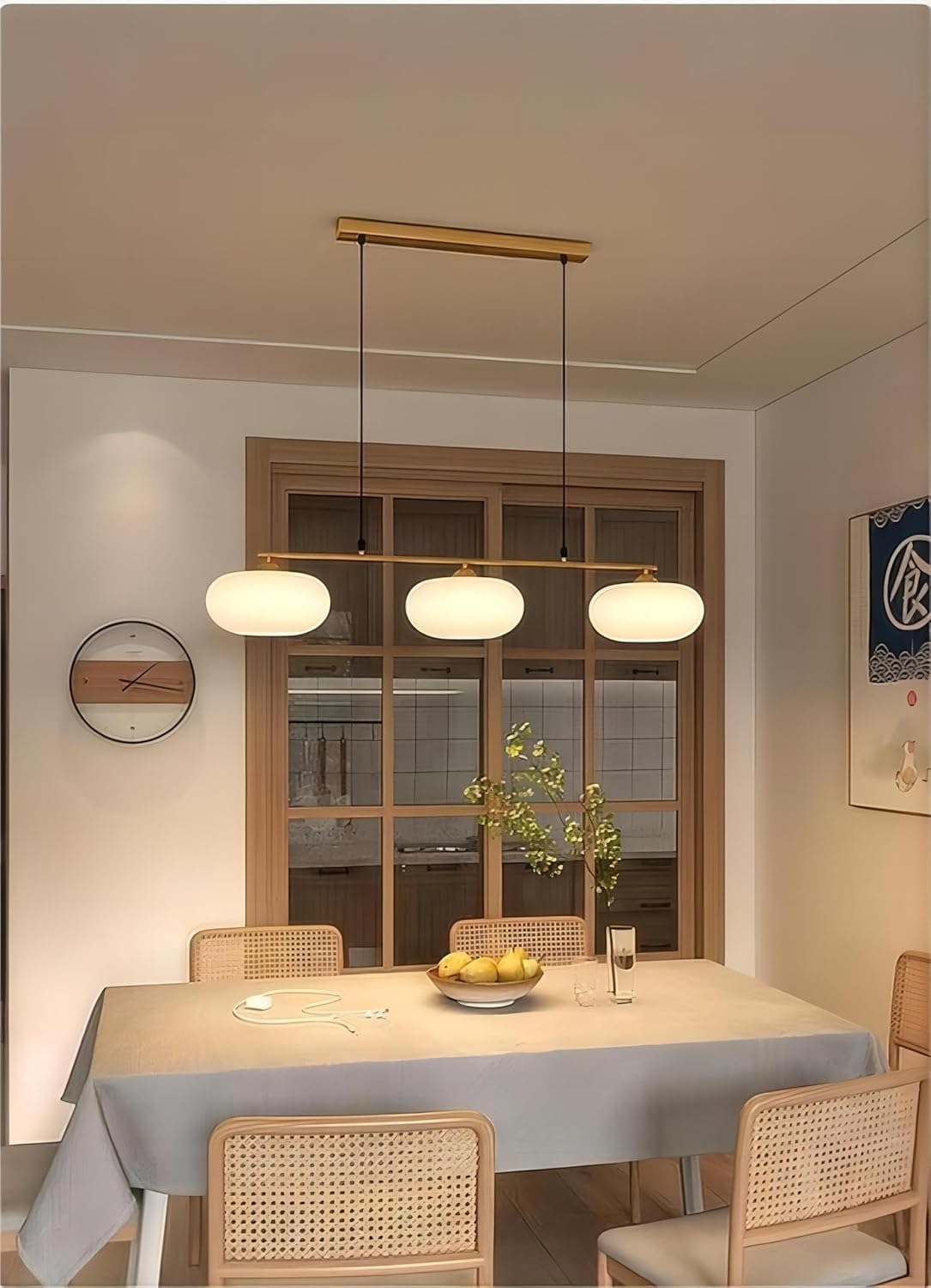 WOQuju Chandelier Retro Metal 3 Lights Wabi Sabi Style E27 Modern Japanese Light Luxury Cream Color Restaurant Pendant Light Island Light Persimmon Shape Glass Lamp Shade Adjustable Height(Gold)