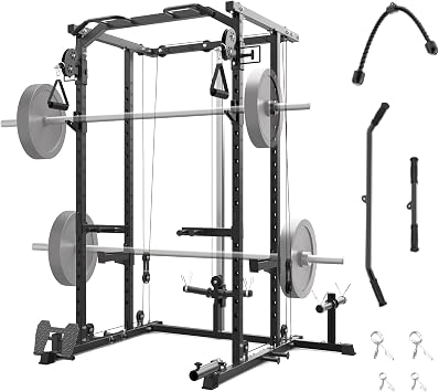 Power Cage 2000LBS,All in One Squat Rack with Dual Pulley Cable System, Heavy-Duty Steel Construction for & Home Gym Workout