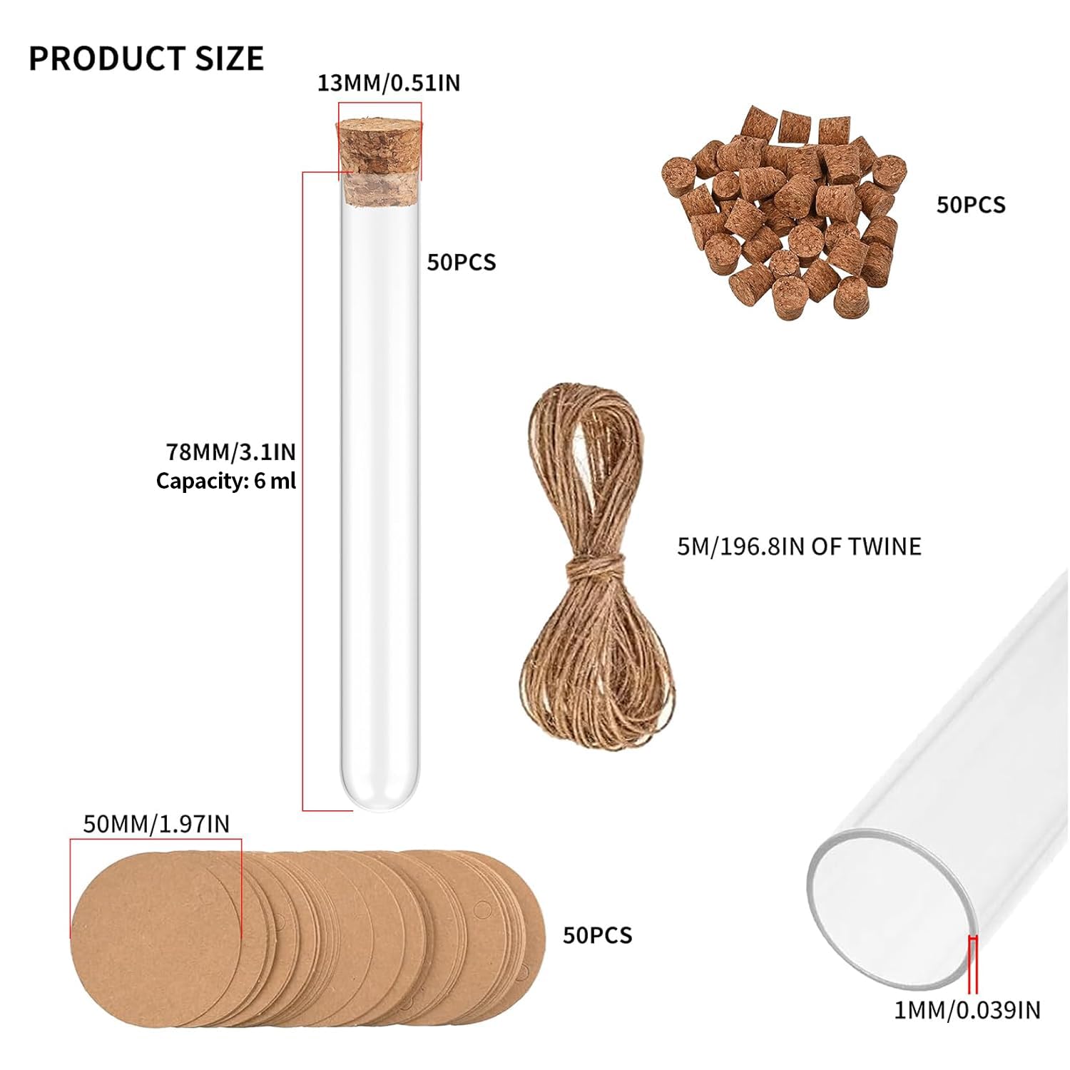 Tubos de Ensayo Plastico Transparente 13x78 mm 6ml con Tapones de Corcho y Cuerda de Cáñamo 50 Pcs