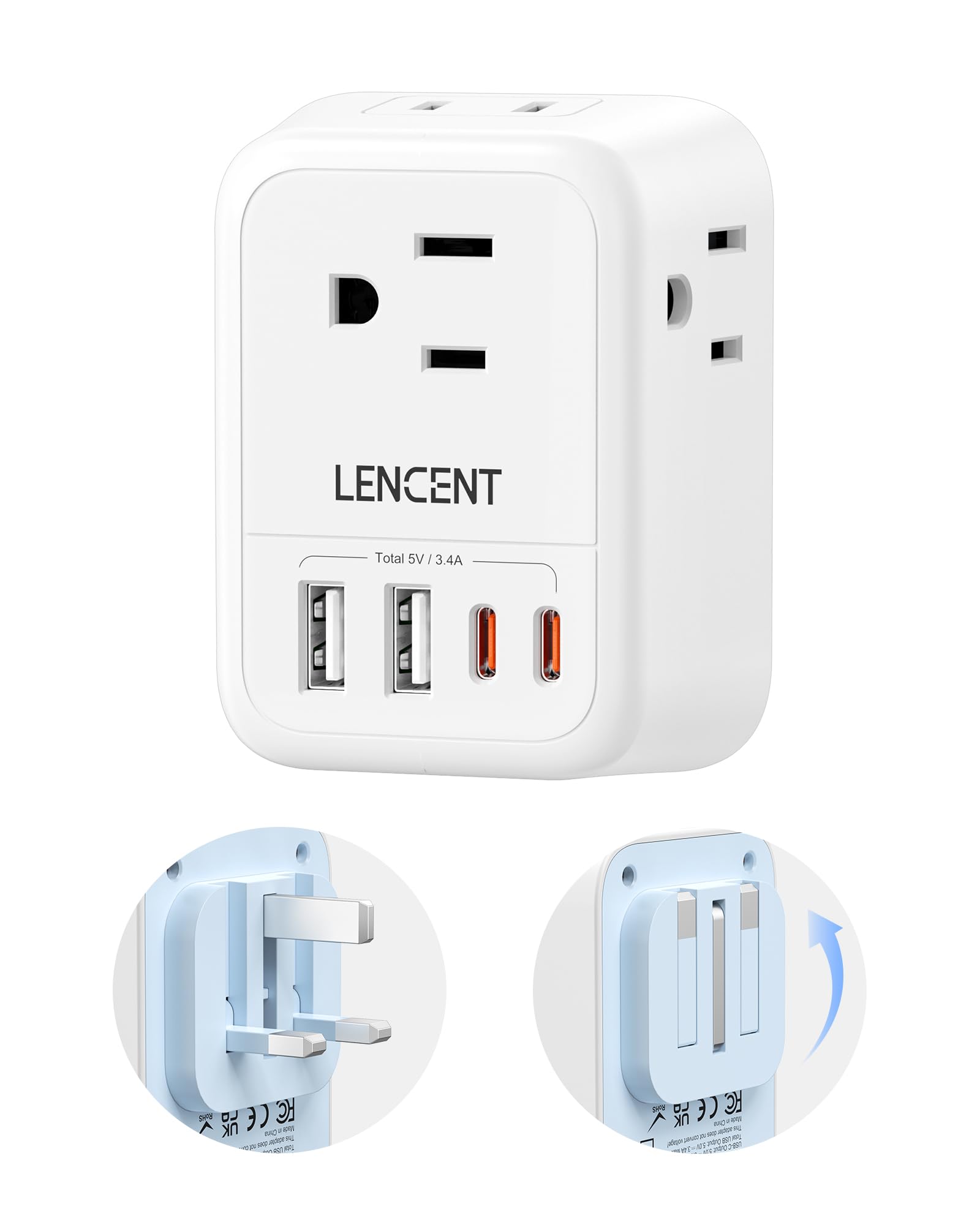 LENCENT Foldable US to UK Ireland Plug Adapter, Type G Travel Outlet Adapter with 4 USB Charger(2 USB C), Power Adaptor for USA to Scotland Dubai Hong Kong England British Kenya London