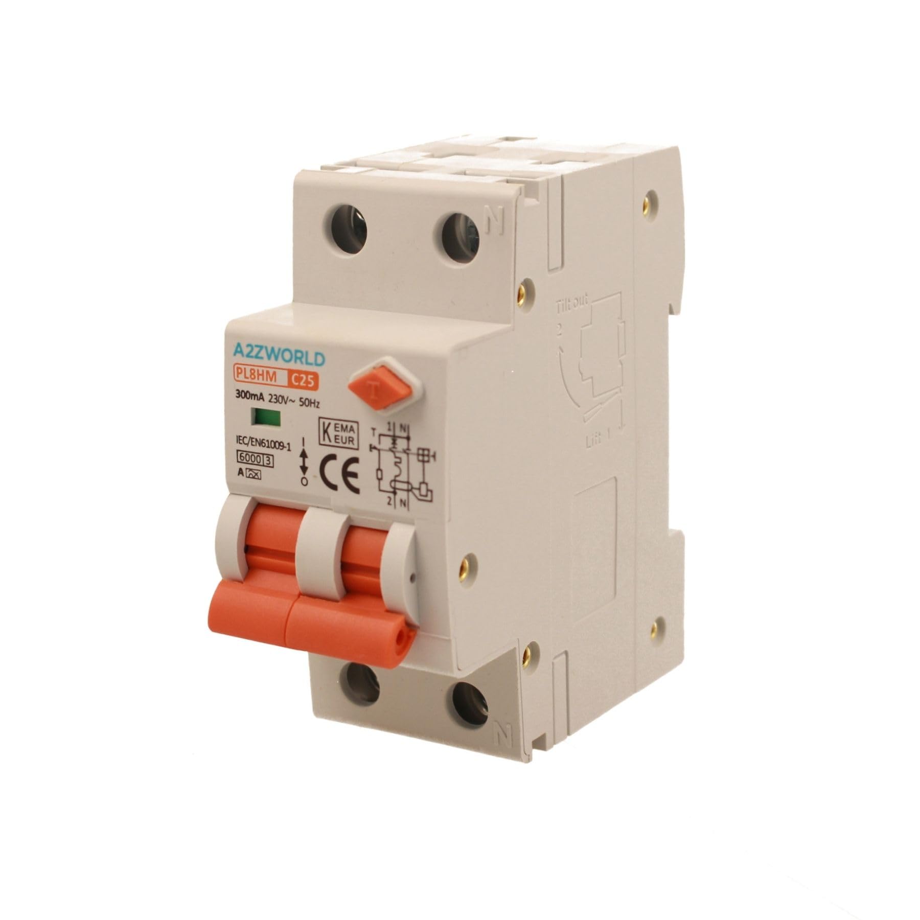 A2ZWORLD Interruttore Magnetotermico Differenziale Tipo A 300mA, RCBO Classe A 2P C25 25A, Curva C 1P+N 6000A, Occupa 2 Moduli DIN, AC 230V IP20 IEC61009-1