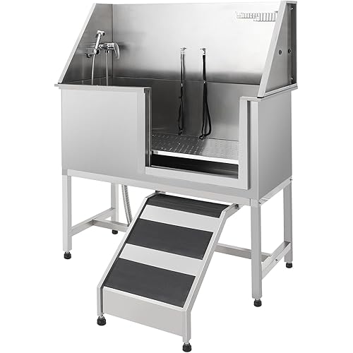 50" Stainless Steel Pet Grooming Bath Tub with Slide-in Ramp, Anti-Slip Floor Grate, Professional Dog Wash Station for Small to Large Breeds, Equipped with Sprayer, Supports 250Lbs
