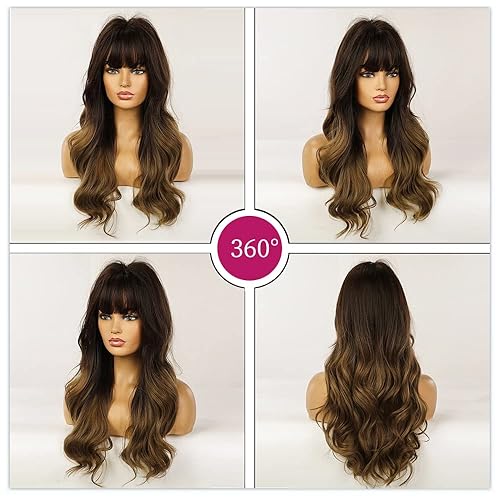 Miniatura 5 de Pelucas sintéticas para mujer con flequillo, de 24 de largo, ondulado, color degradado marrón, rubio, pelo ligero, mullido