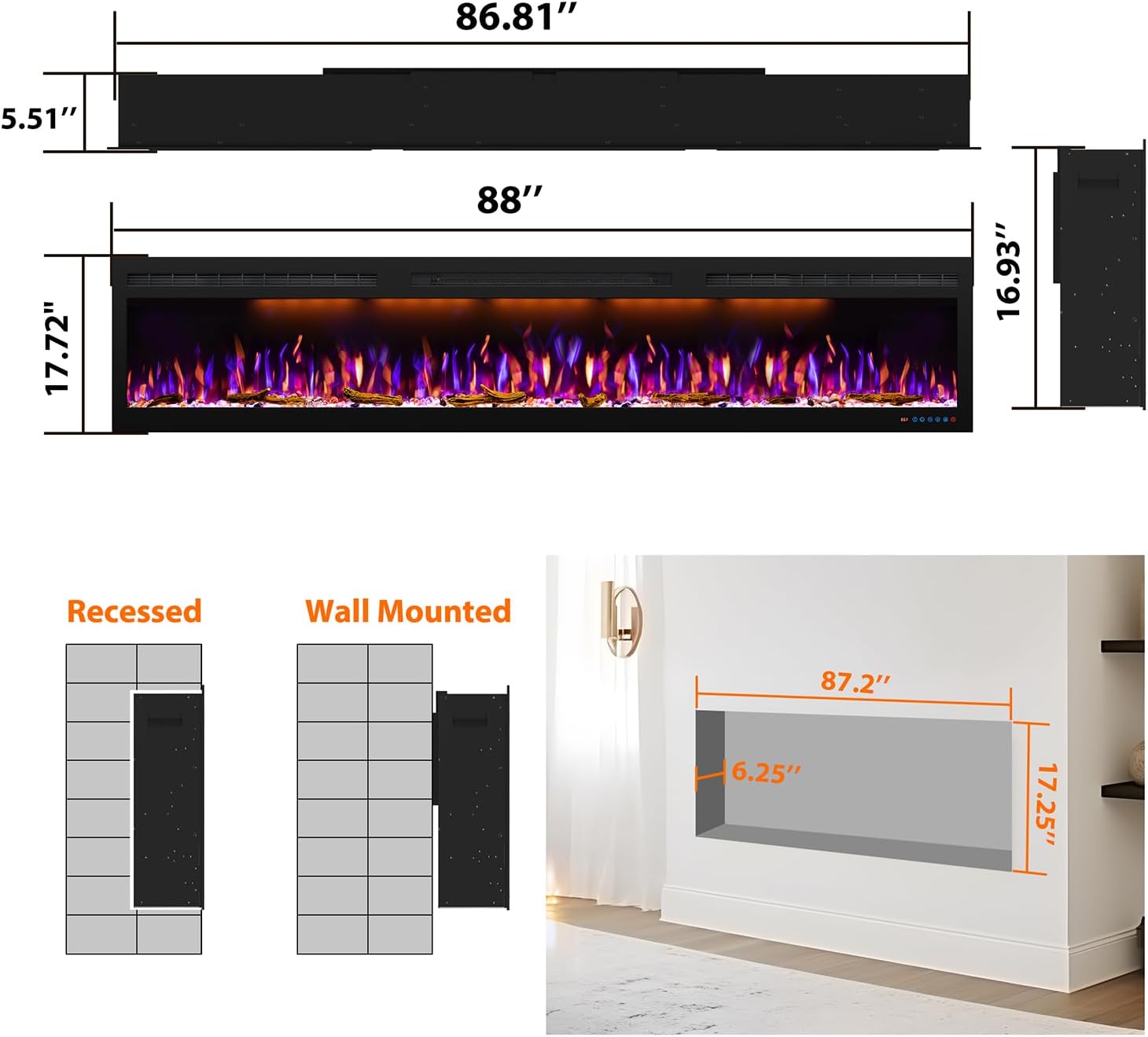 88" Electric Fireplace, Recessed/in-Wall or Wall Mounted, Large Linear 80-90", Ultra-Narrow Frame, 3 Flame Colors & Top Lighting, Timer, Remote, Log & Crystal Media, 1500W Heater