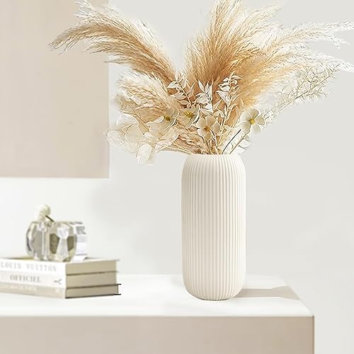 Miniatura 3 de Jarrón de cerámica blanca para flores, florero alto para decoración del hogar con textura acanalada, jarrones para centros de mesa, decoración de