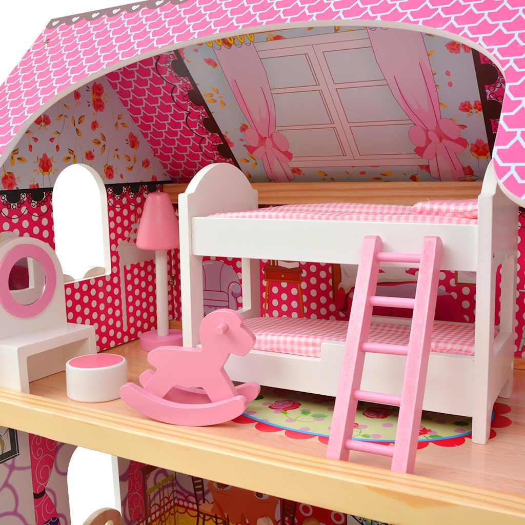 Mangloder 3-stöckiges Puppenhaus Holz 60 x 30 x 90 cm mit Miniaturmöbeln, Kinder Spielhaus für fantasievolles Rollenspiel, geeignet für Familie, Babyzimmer, Küche, Wohnzimmer, Balkon, Geschenk