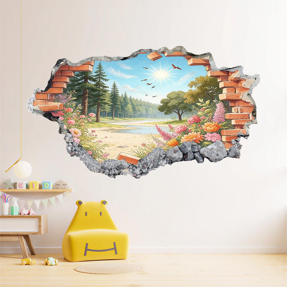 3D Wandtattoo Durchbruch Wanddeko Waldvogel Sonnenschein Wanddurchbruch sticker Wandbild Wandsticker Frühlingshafte Naturlandschaft Wohnzimmer Wanddeko Wandaufkleber für Kinderzimmer Teenager Zimmer