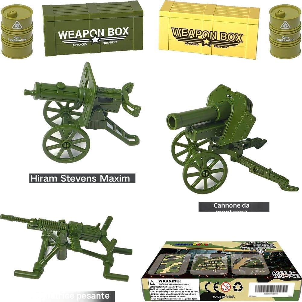 390 Pezzi Set Armi Militari Giocattoli Mattoncini Equipaggiamento Soldato, Elmetto Mimetizzato, Gilet Tattico, Scudi, Mitragliatrice Gatling, Compatibile con le Principali Minifigure