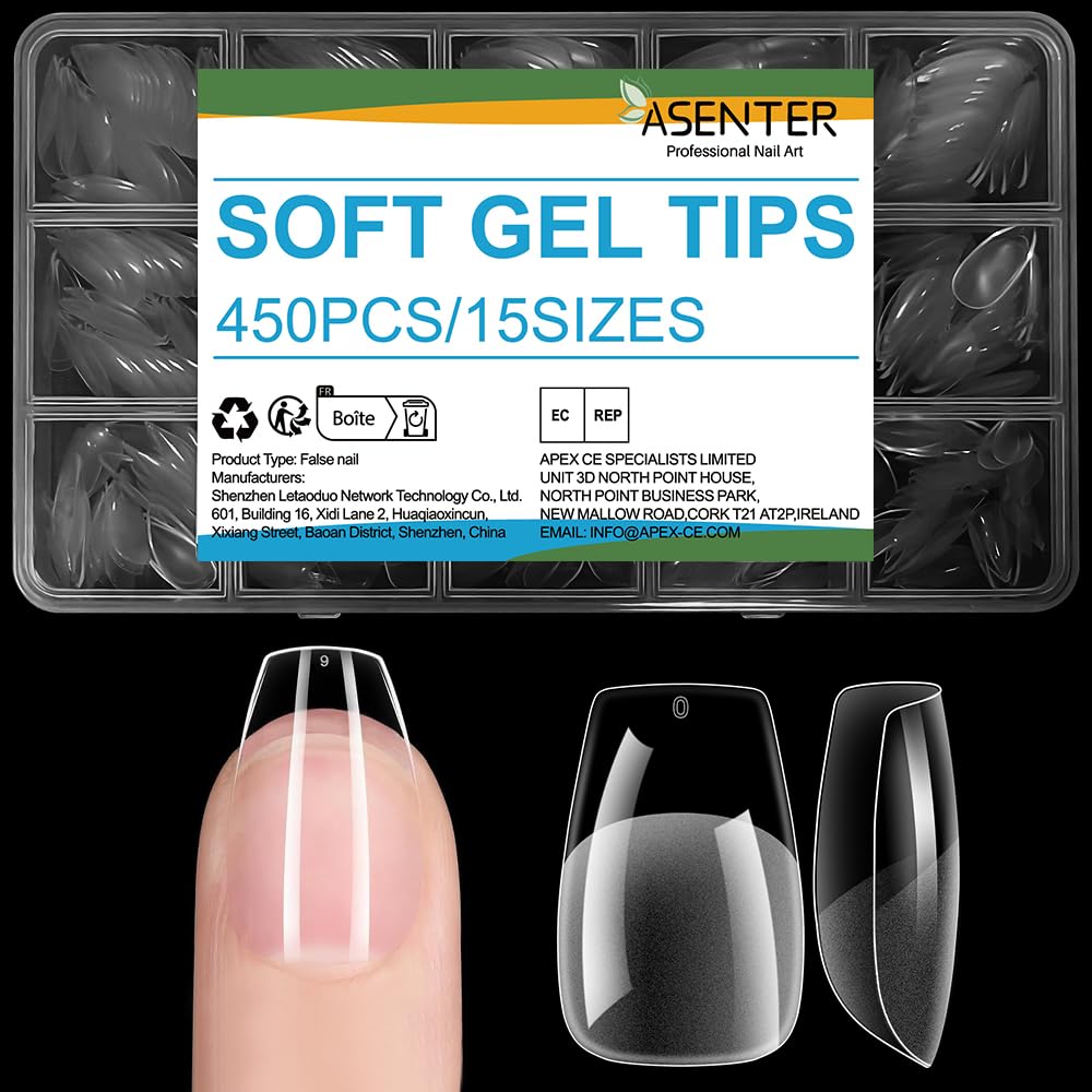 ASENTER Short Coffin Nail Tips, 450Pcs Half Matte Soft Gel