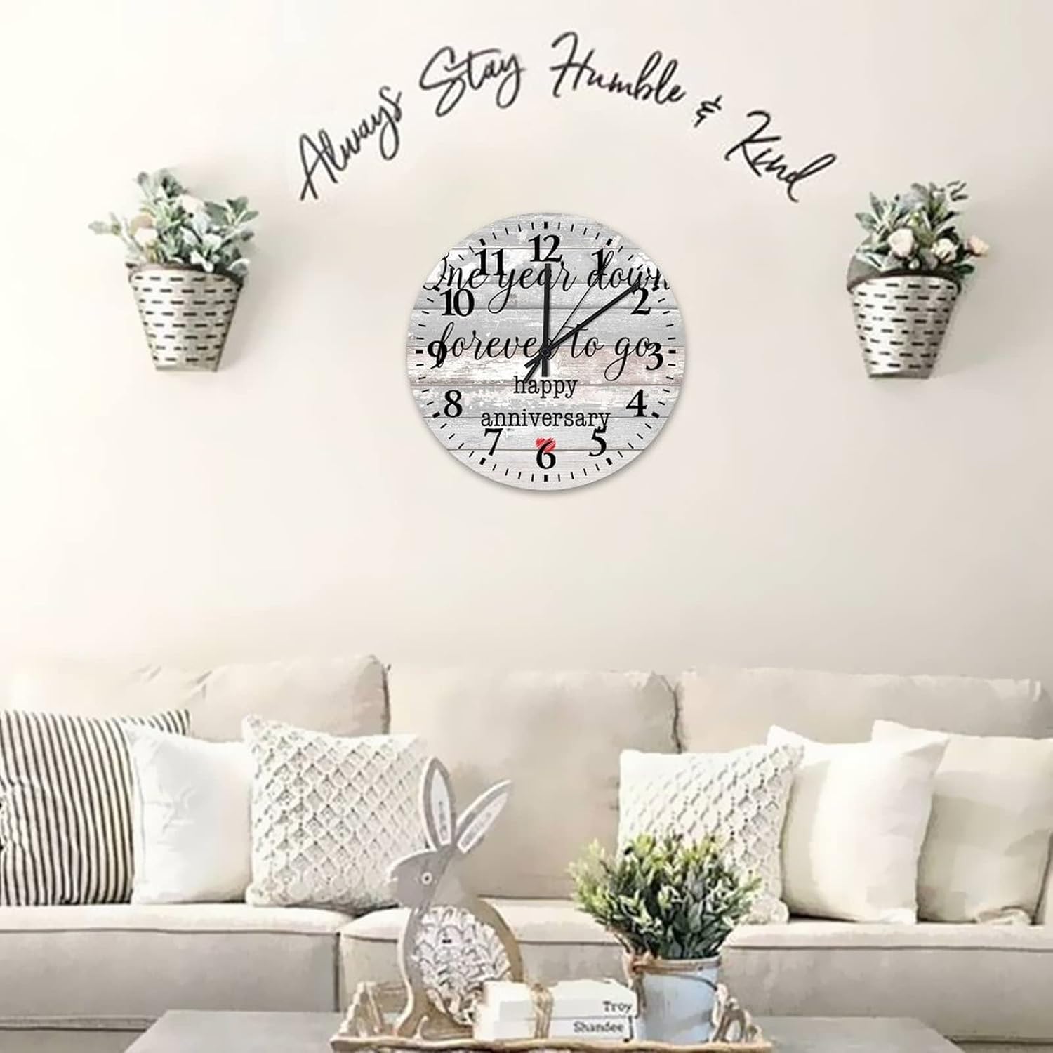 12 Inch One Year Down Forever to Go. Happy Anniversary Small Wall Clock Quartz Non Ticking Best Gifts for Valentine's Day Wooden Decorative Round Clock for Bedroom Living Room Home Decor