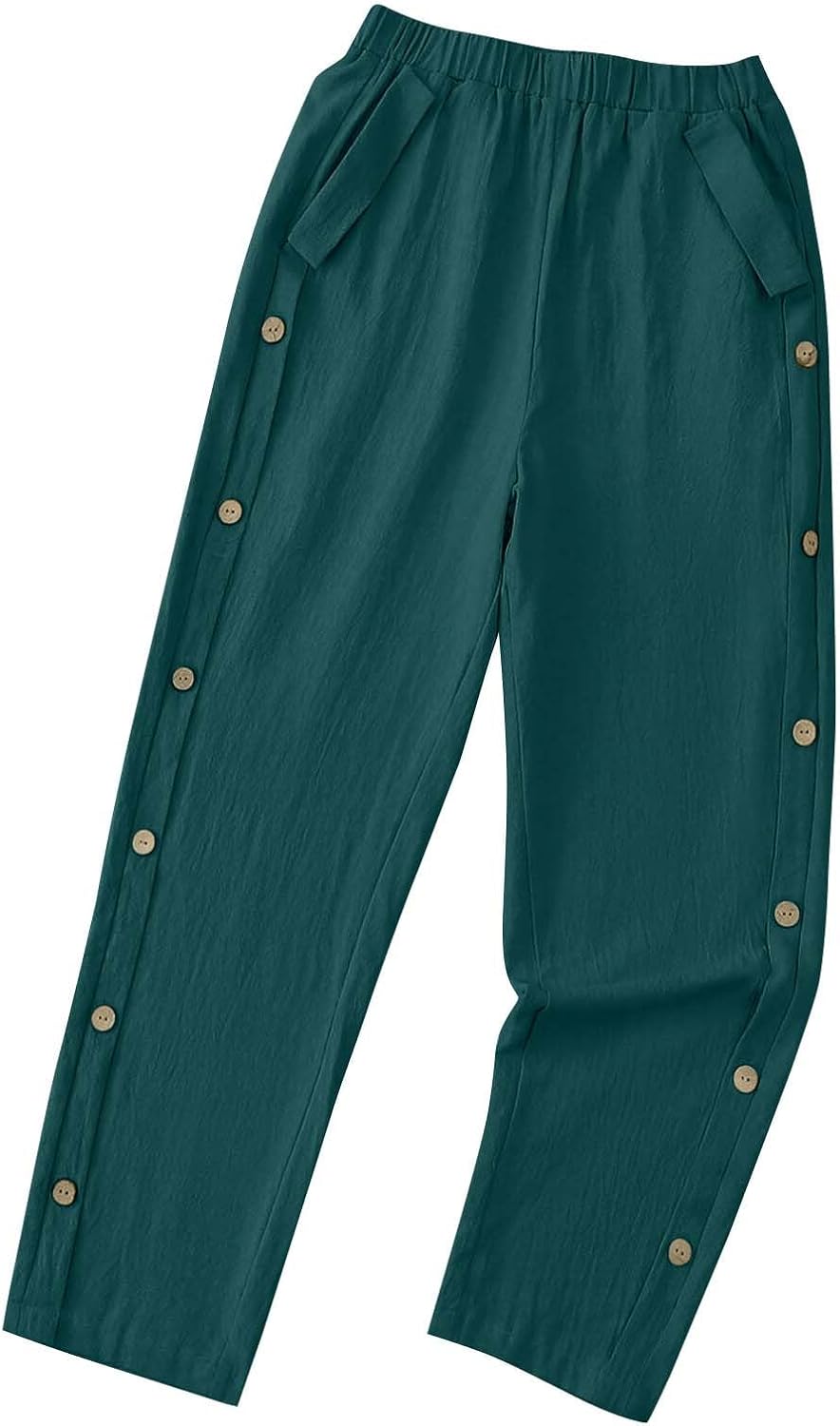 High Waisted Pants for Women Casual Linen Slacks Loose Wide Leg Trousers Side Button Elastic Waist Straight Pants