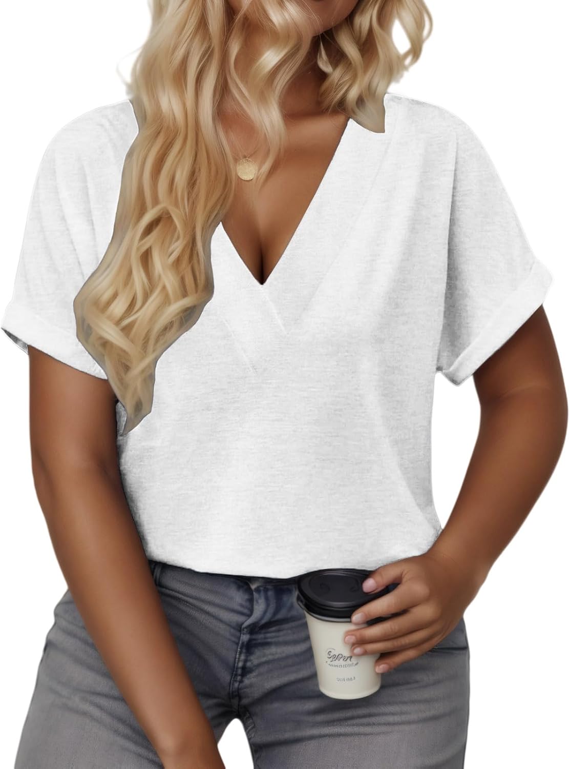 VISLILY Plus-Size-Summer-Tops for Women Casual V Neck T Shirts Trendy Loose Tees Fashion Rolled Short Sleeve Tunics XL-5XL - Image 2