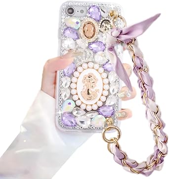 Glitter Bling Case for iPhone SE 2020/8/7, Cute Luxury 3D Crystal Queen Rhinestone Full Diamond With Silk Scarf Wristband Chain Women Girls Cover for iPhone SE 4.7"