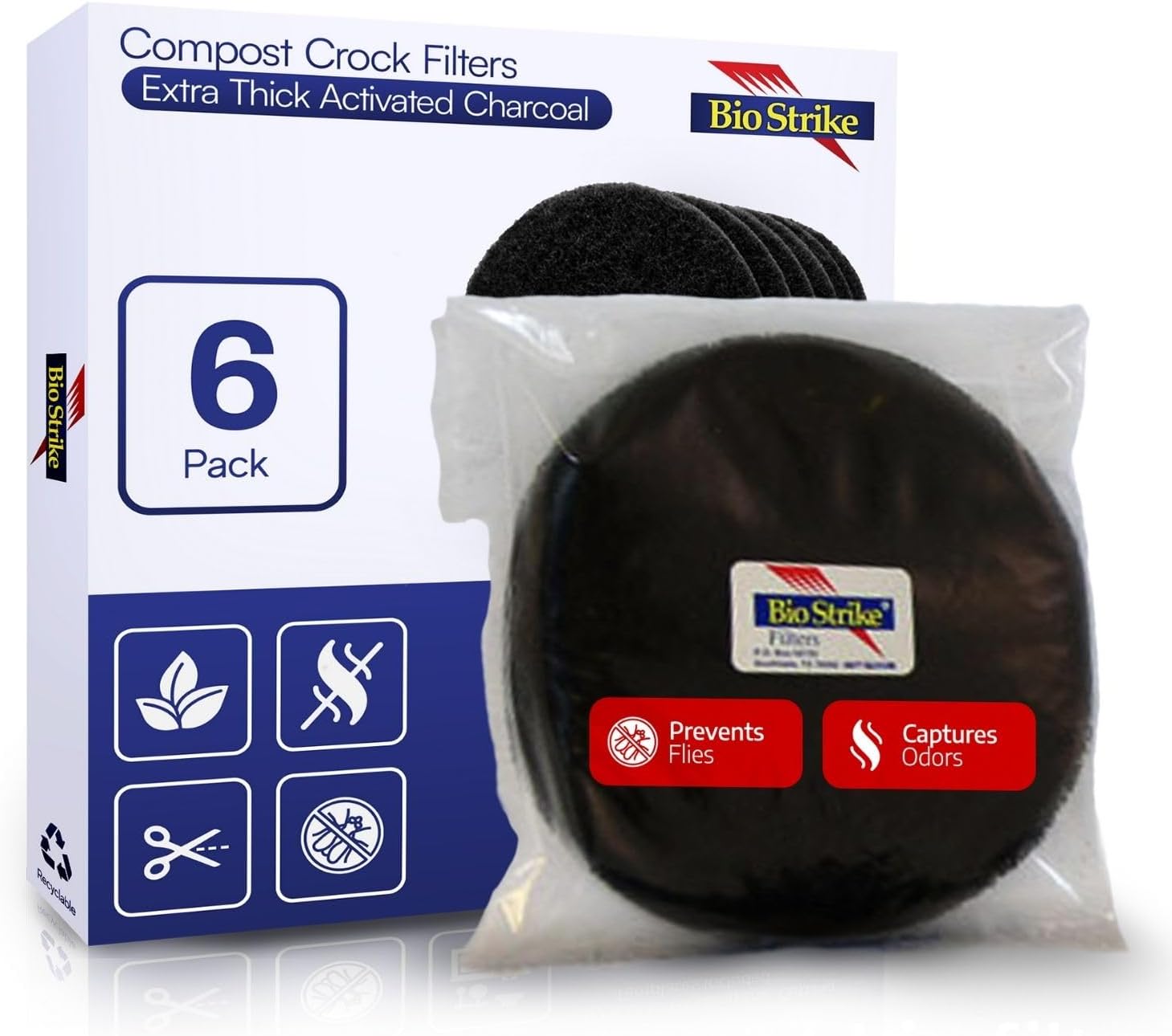 BioStrike -Activated Carbon Filter Odor Absorbers for Kitchen Compost Bins – Extra Thick 5.5 inch Compost Bucket Charcoal Filters – Odor Control for Countertop Pails – Made in USA (6 Count)