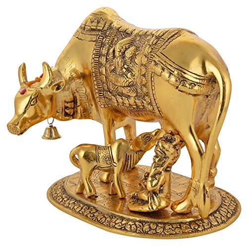 BRIJ HAAT Brass Like Metal Kamdhenu Cow and Calf with Gopal Krishna Showpiece Big @17cm Gold - Image 4