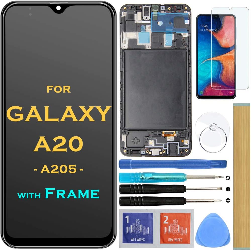 Glass Screen Replacement Lcd Display Touch Digitizer Assembly With Frame For Samsung Galaxy A20 A205 Sm-A205F/Ds Sm-A205U A205Fn A205Gn/Ds A205Yn A205G/Ds Sm-A205W 6.4" (Black With Frame)