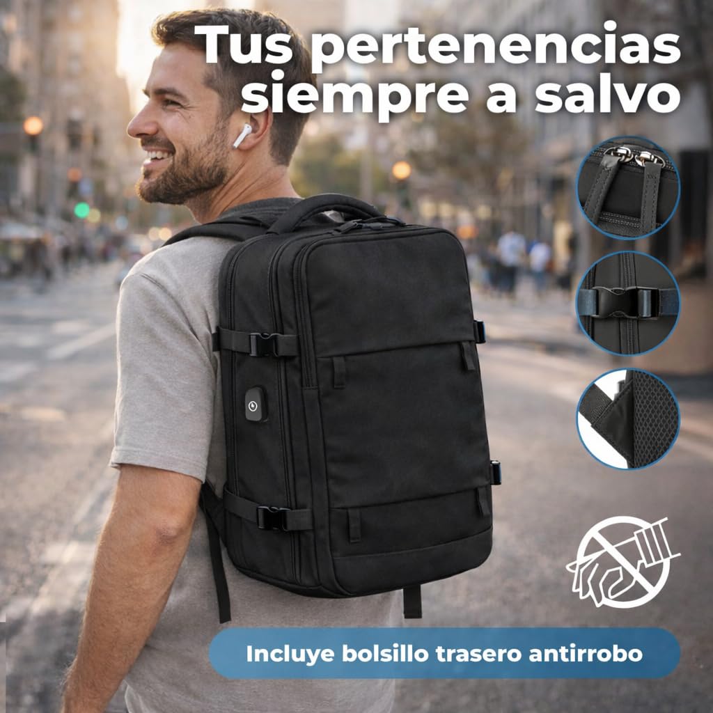 Mochila Viaje Cabina Avion 40x20x25 compatible con Aerolineas Maleta Cabina con apertura 180°, puerto USB y compartimentos organizados Mochila Viaje ligera impermeable Mochila Mujer (Negro)