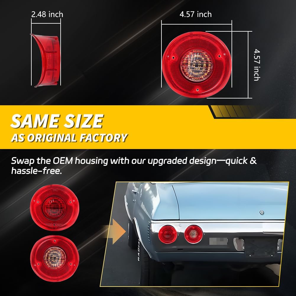 Red Lens LED Tail Light Compatible with Chevelle Malibu SS 1972, [3 in 1 Design] Reverse Backup Light, Brake Light & DRL, Replace OEM #CH-TL-72, CH-BL-72, 4 PCS