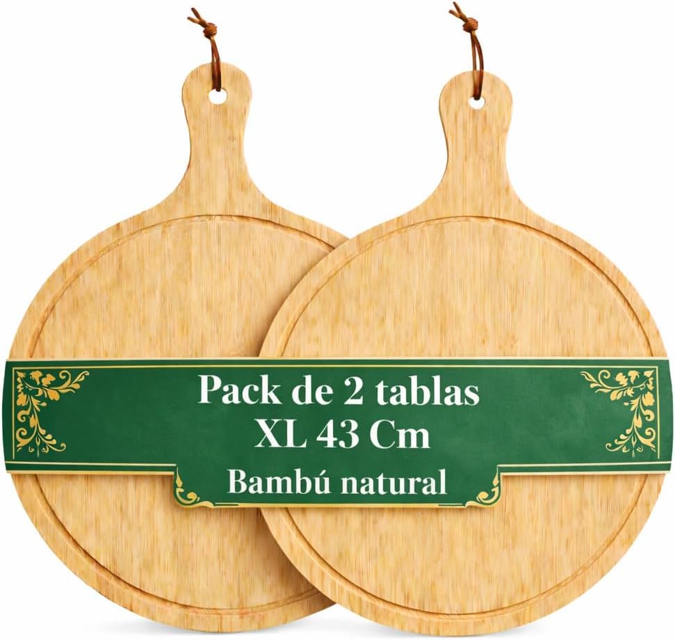 Lot de 2 planches à découper rondes en bambou XL 43 cm - Grande planche à pizza en bois pour...