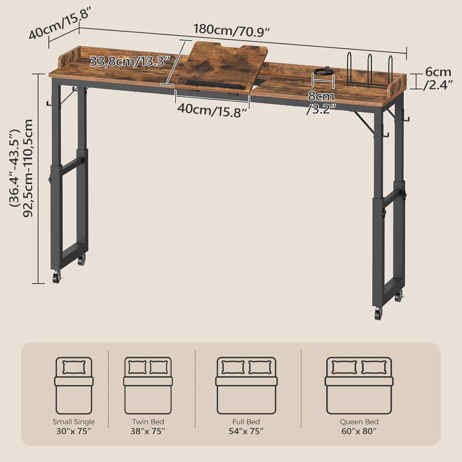 Overbed Table with Wheels, Queen Size Mobile Bed Desk with Adjustable Height, Computer Desk with Tilt Stand, Rolling Laptop Table, Recliner Desk for Home, Office, Hospital, Rustic Brown MTHR18101