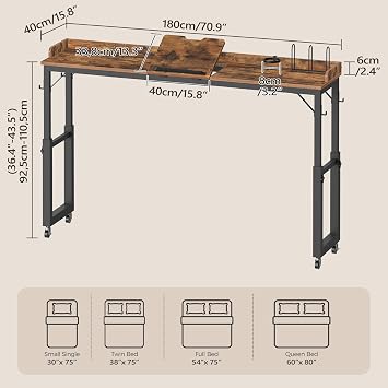 MAHANCRIS Overbed Table with Wheels, Queen Size Mobile Bed Desk with Adjustable Height, Computer Desk with Tilt Stand, Rolling Laptop Table, Recliner Desk for Office, Hospital, Rustic Brown MTHR18101