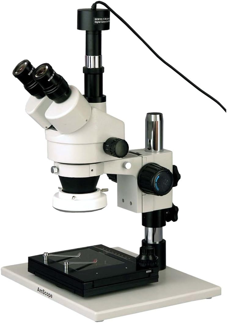 AmScope SM-1TZ-FRL-GT-3M Digital Professional Trinocular Stereo Zoom Microscope, WH10x Eyepieces, 3.5X-90X Magnification, 0.7X-4.5X Zoom Objective, 8W Fluorescent Ring Light, Large Pillar-Style Table Stand with Gliding Table, 110V-120V, Includes 0.5X and 2.0X Barlow Lenses and 3MP Camera with Reduction Lens and Software