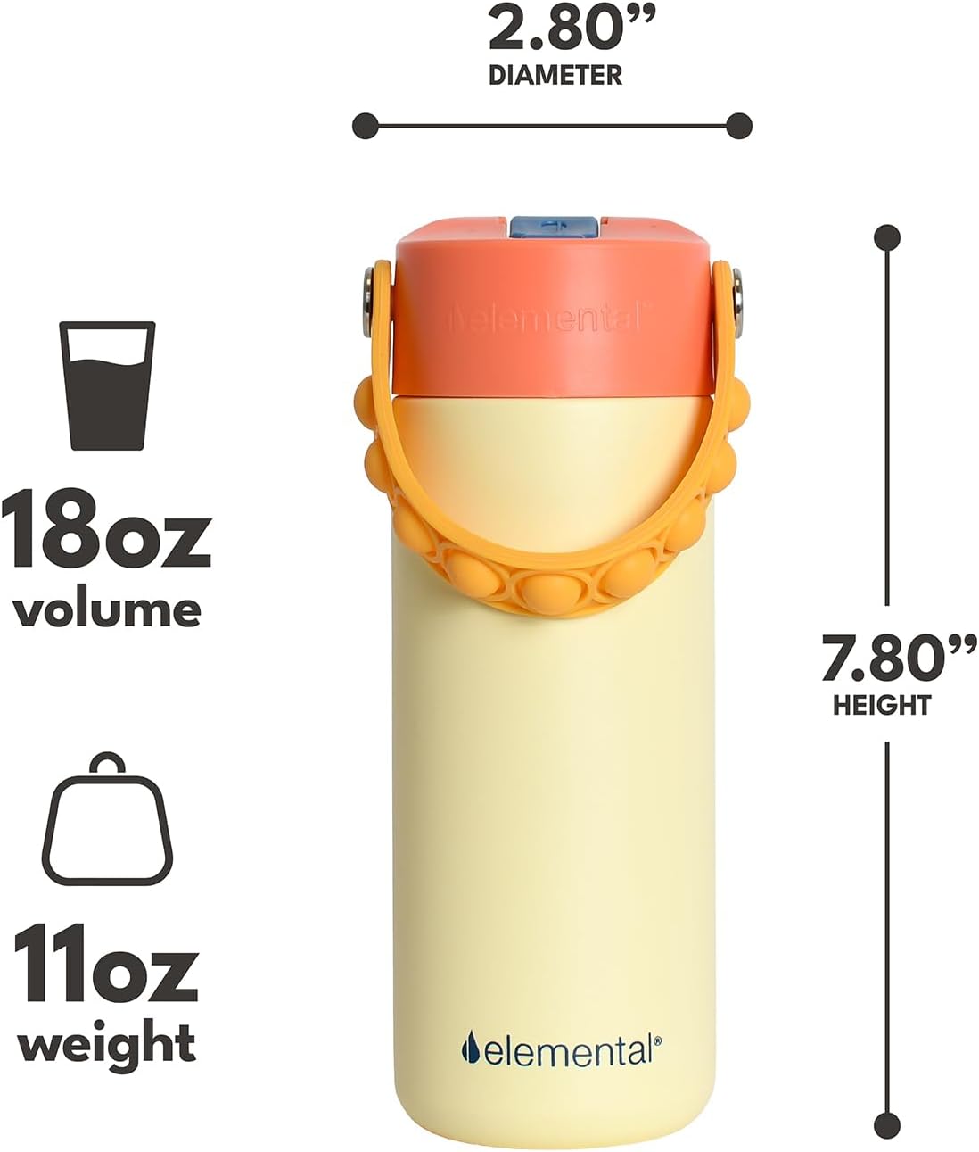 Elemental Insulated Kids Water Bottle, Stainless Steel Water Bottle with Straw Lid & Pop-It Handle, Leak-Proof Water Bottles for School, Boys or Girls, Travelling and Sports, 18oz - Peach Sand