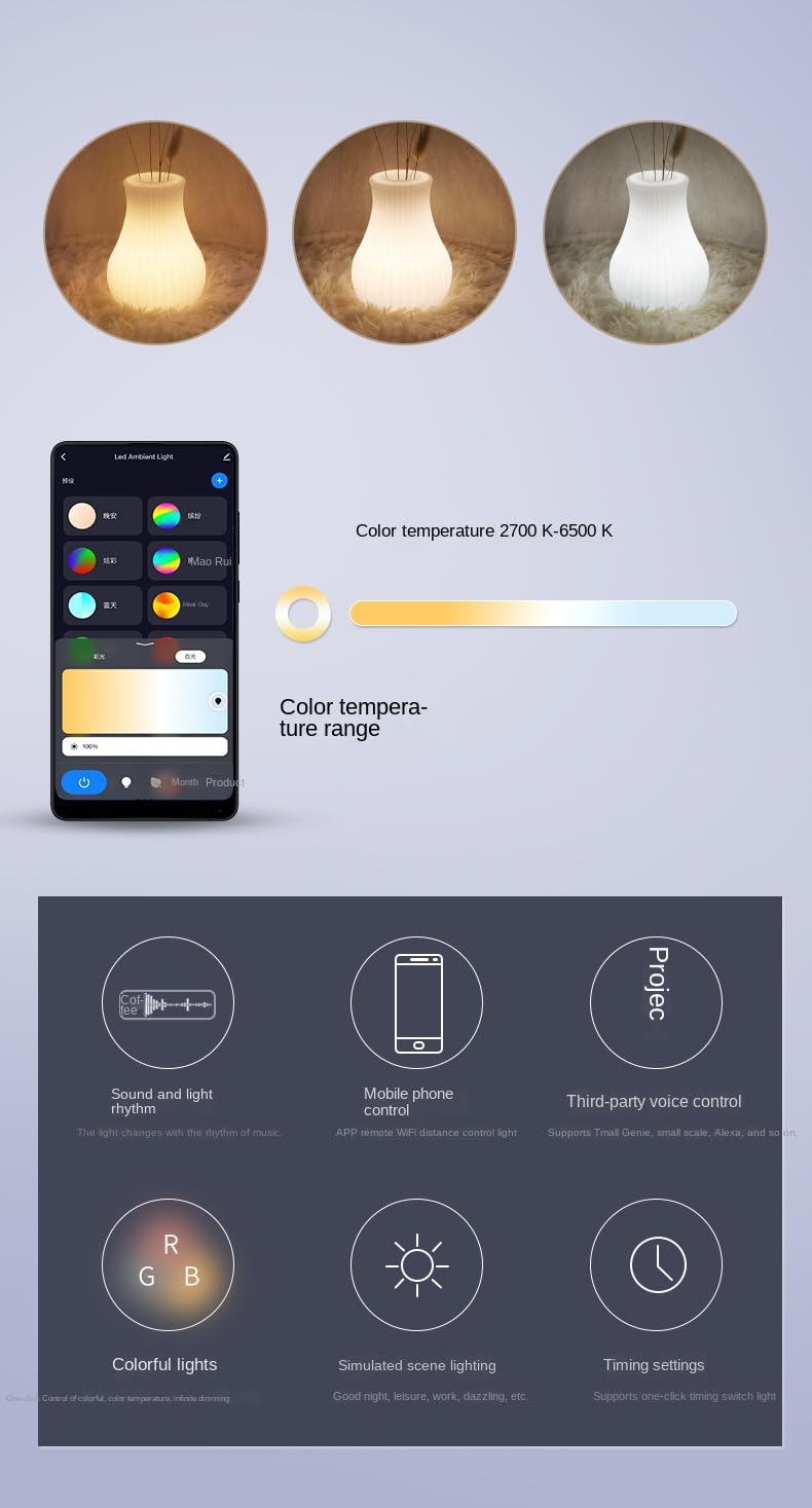 KLauer Tuya JK009090 - Lampada ambientale intelligente Bluetooth WiFi con controllo vocale Alexa | Lampada da comodino a LED RGB con ricarica USB | Mini luce da comodino con controllo del suono per la