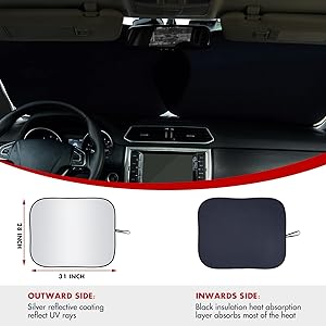 Foldable 2 Piece Car Windshield Sun Shade Cover, Auto Sun Shield Heat Protector for Front Window, Car Sunscreen UV Reflector Protect Dashboard Seat from Fade and Crack, Medium 28x31 inches