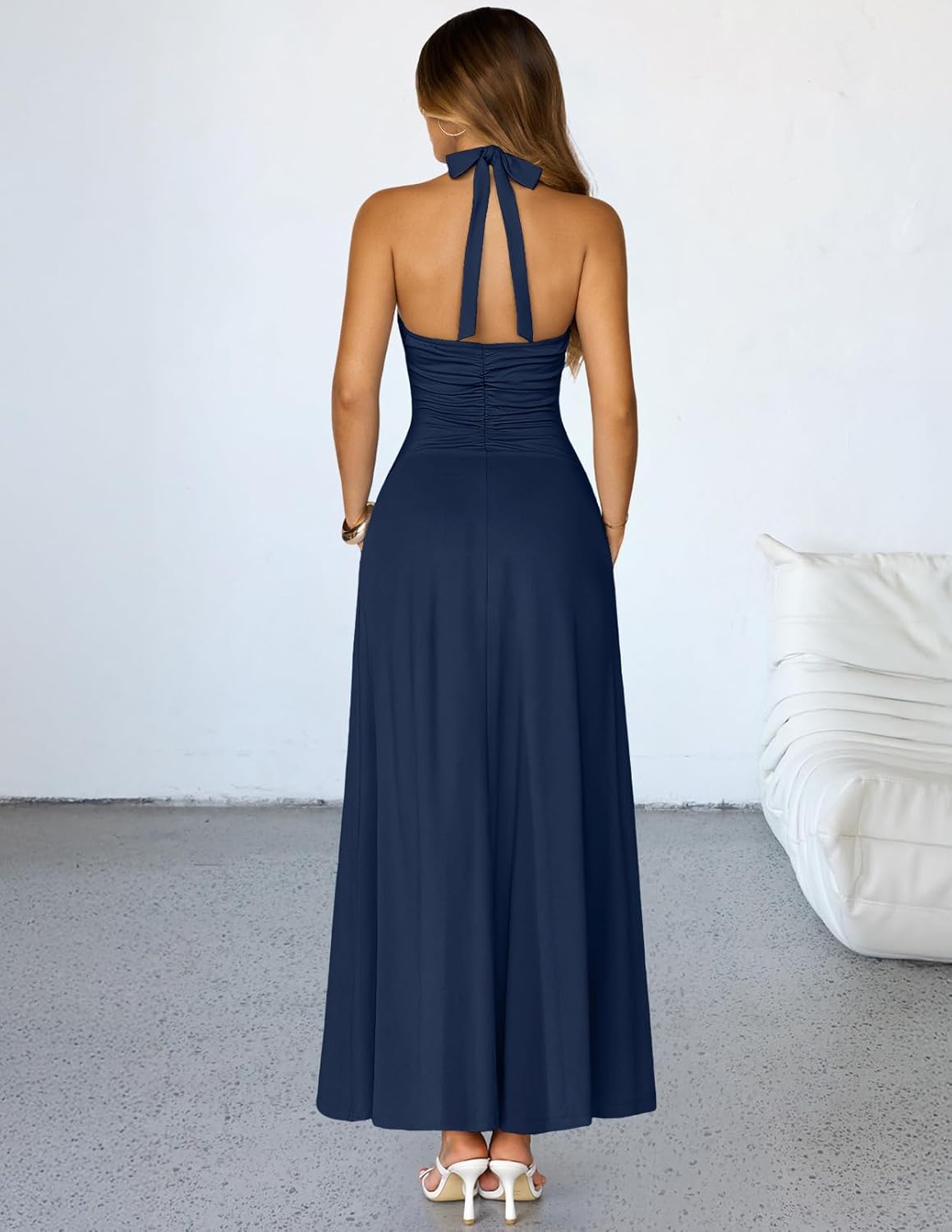 MEROKEETY Women's Formal Halter Maxi Dress 2026 Summer Backless Sleeveless V Neck Ruched Cocktail Wedding Guest Dresses - Image 3