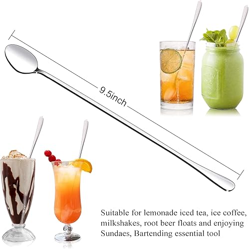 Miniatura 2 de Cucharas de té helado de mango largo, 6 cucharas de mezcla de café y postre de acero inoxidable de 9.5 pulgadas para batidos, helados, cócteles,