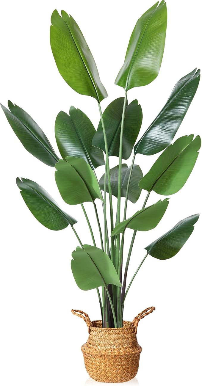 MOSADE 6FT Artificial Bird of Paradise Plant,Tall Fake Tropical Palm Tree with Woven Seagrass Basket, Realistic Faux Tree,13 Detachable Trunks Silk Plants for Modern Home Décor Indoor Office