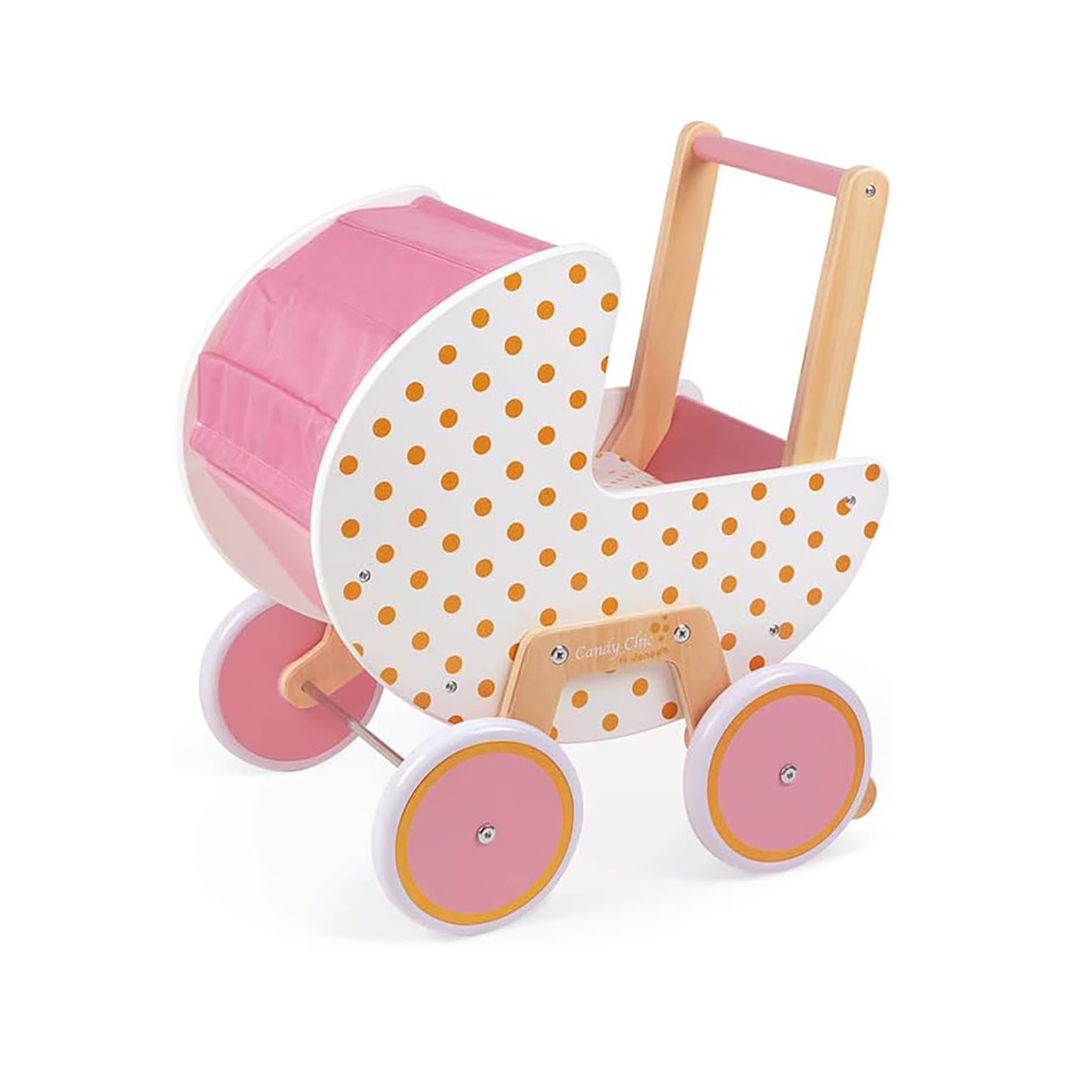 Janod - Holz Puppenwagen ‘Candy Chic’ - Kinderwagen mit Kissen und Decke - Abnehmbares Kippschutz System - Leise Gummiräder- Mit Babyzubehör - Ab 18 Monaten, J05886