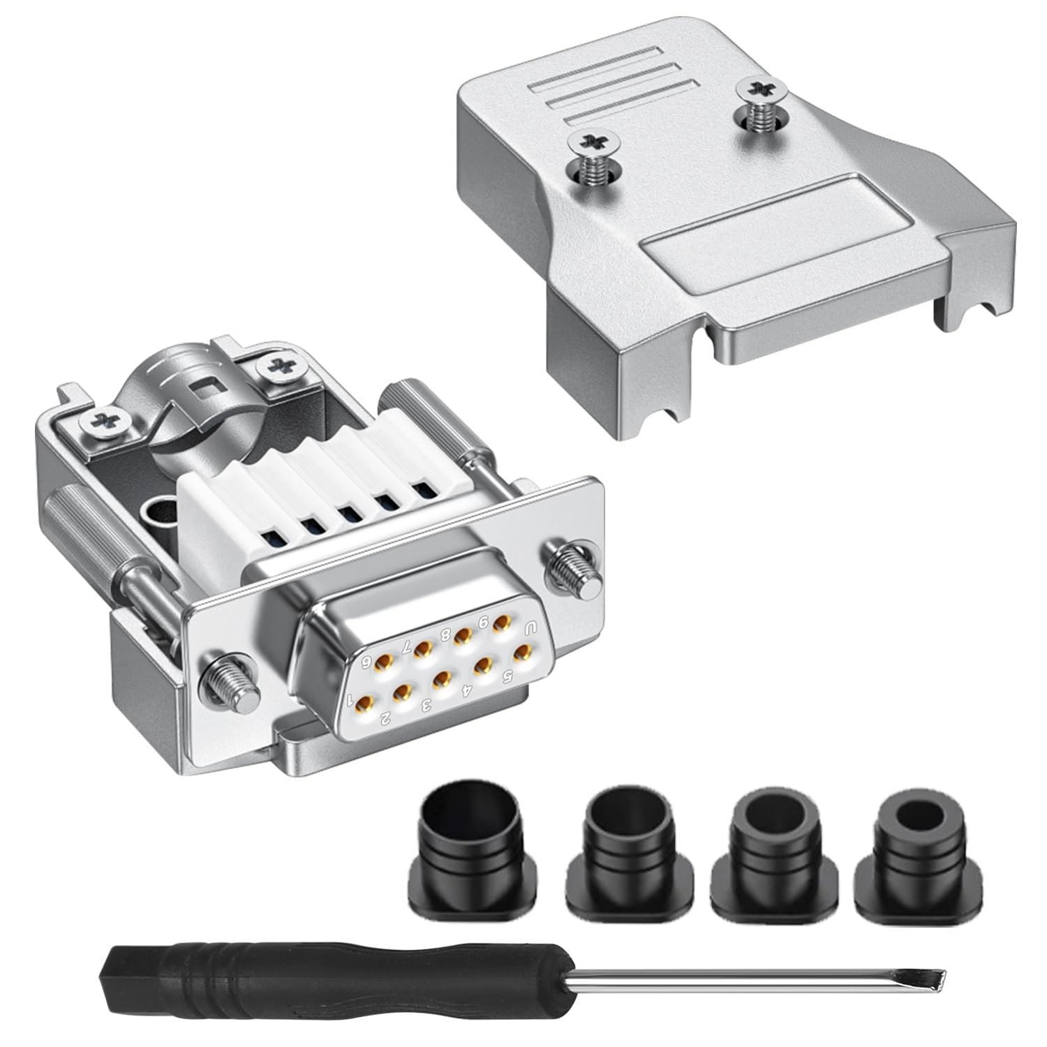 QIANRENON Adattatore seriale compatto DB9 senza saldatura, alloggiamento in metallo DB9 femmina crimp terminale connettore placcato oro D-SUB 9 pin senza saldatura, bullone anteriore laterale