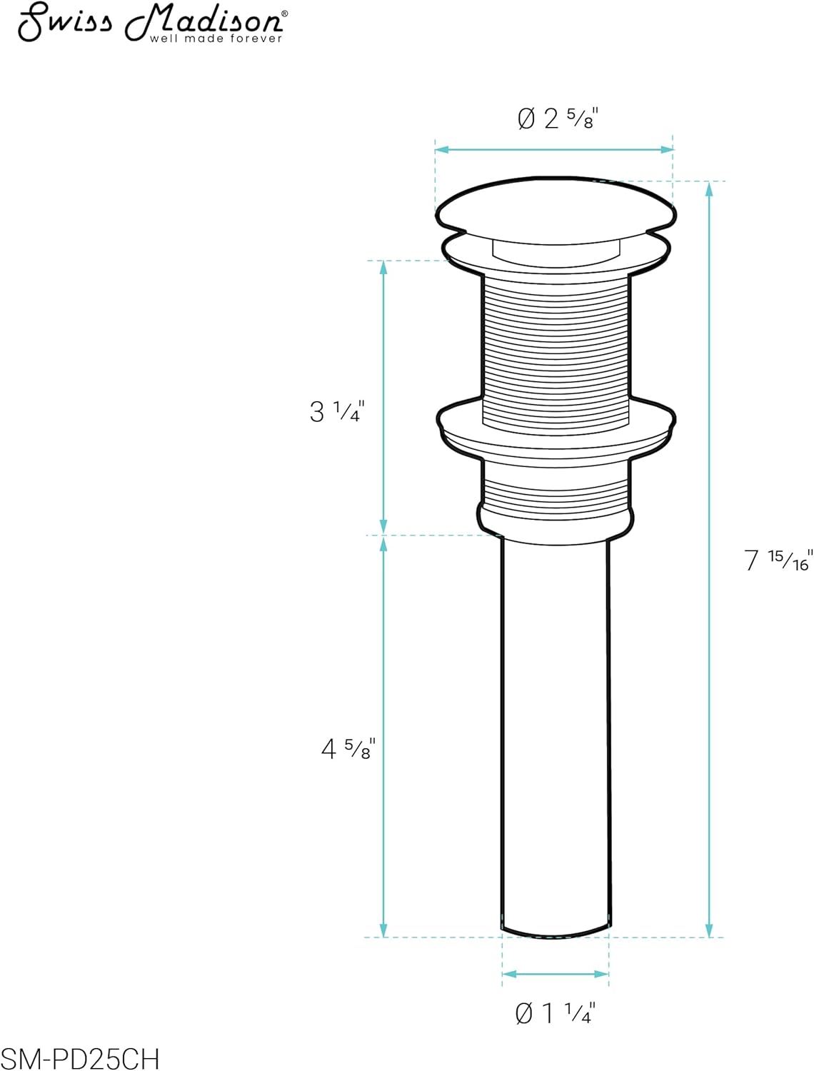 Residential Non-Overflow Pop Up Sink Drain 1.75" in Brushed Chrome