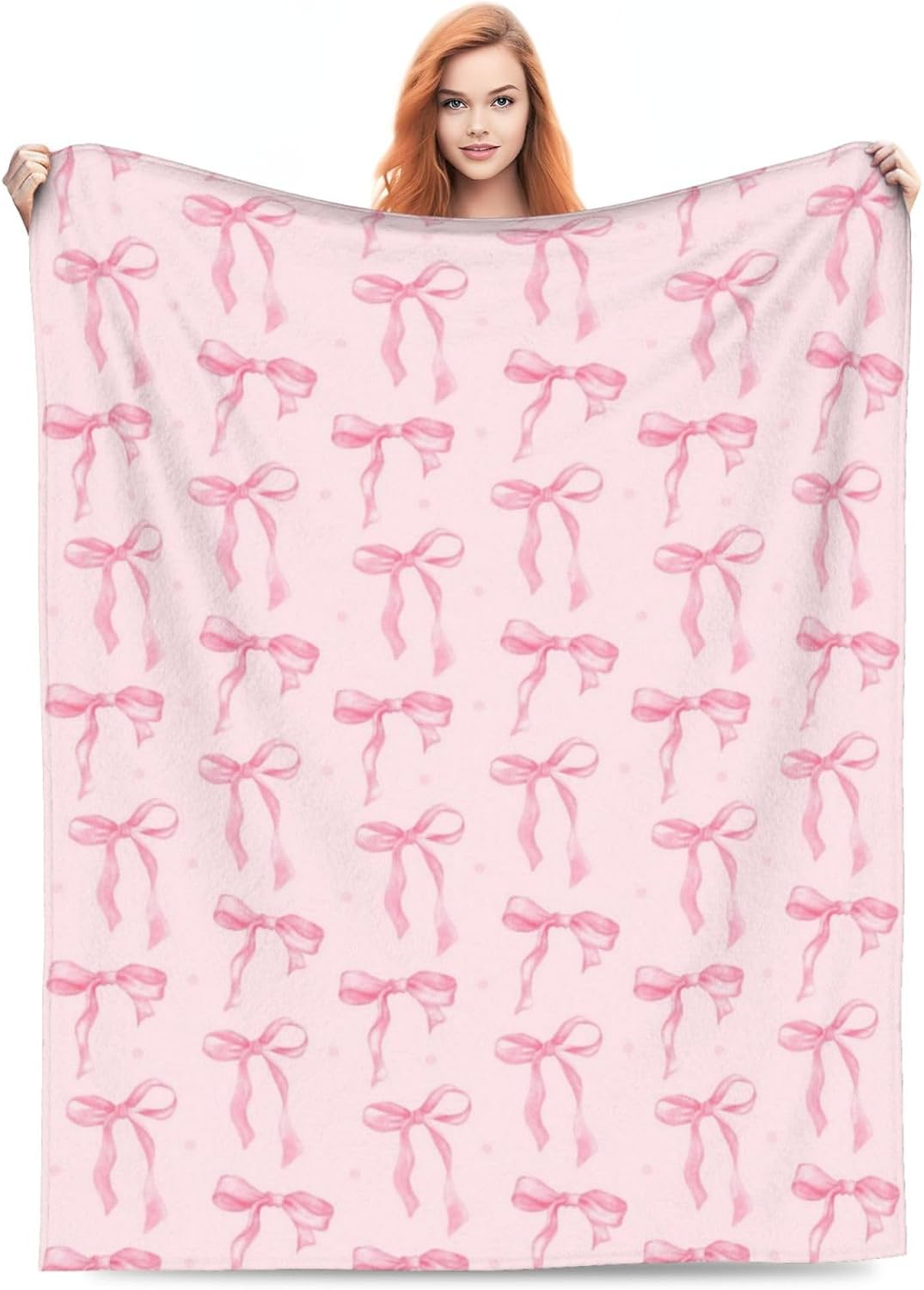 Cute Pink Throw Blanket Pink Ribbon Bow Soft Cozy Flannel Fleece Blanket Warmth Lightweight Bedding for Couch Sofa Chair Bed Living Room Bedroom Decor Valentine's Day Birthday Gift Women Girl,80"X60"