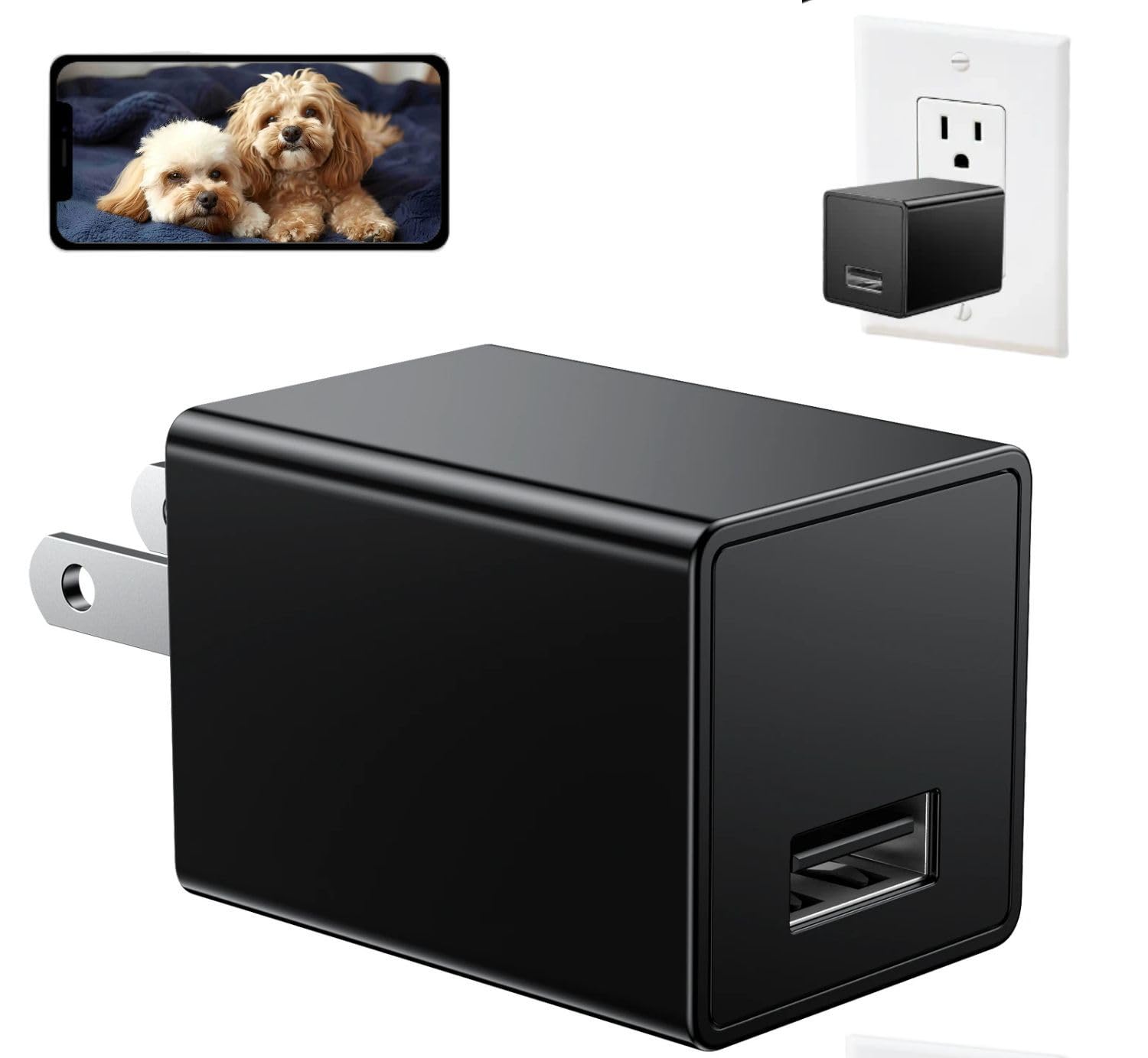 Hidden Spy Camera, USB Charger Camera, 1080P HD, WiFi, Motion Detection, Indoor Home Security Nanny Cam, Black, AC Powered