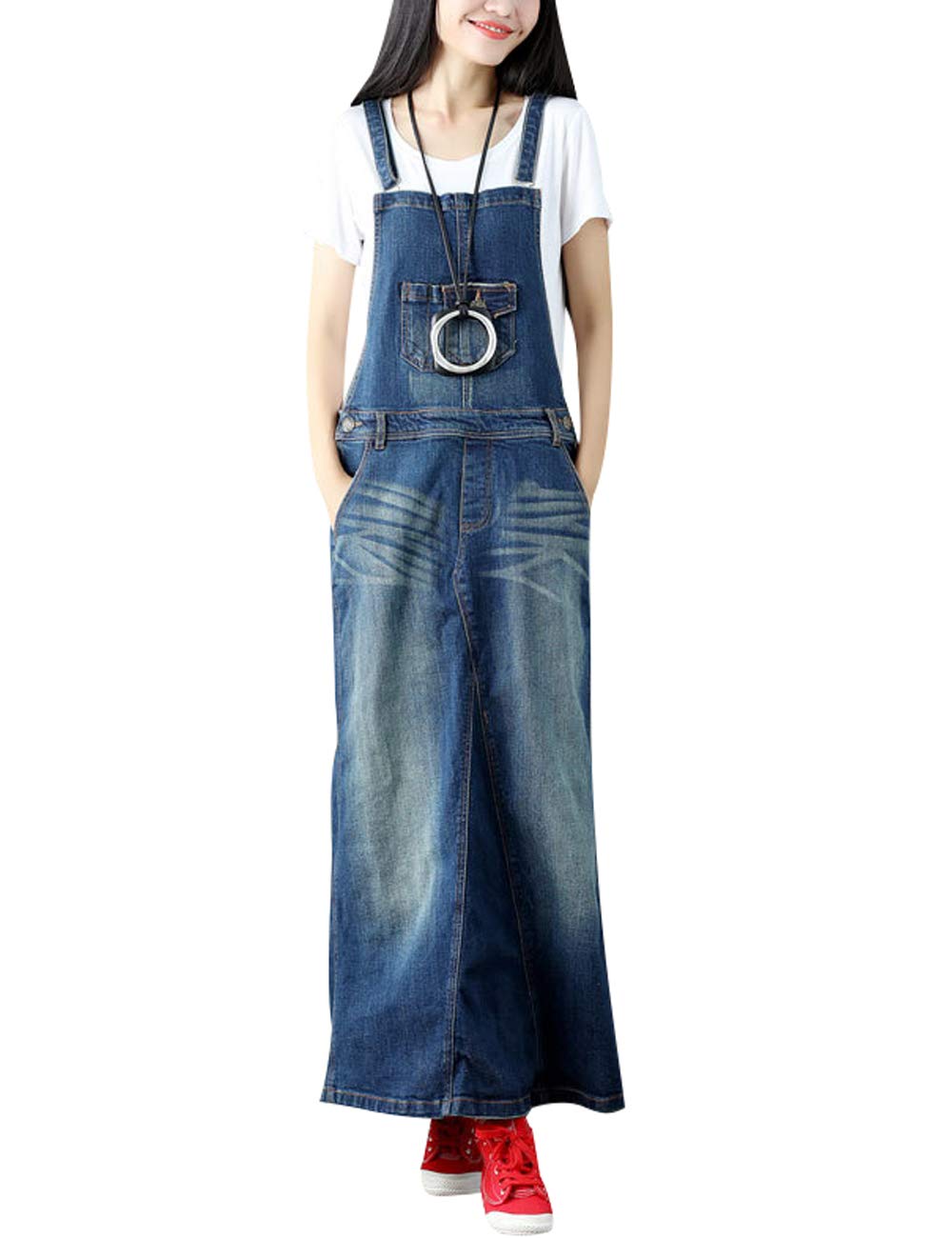 Donna Senza Maniche Denim Tuta Vestito Gonna Lunga a Sospensione
