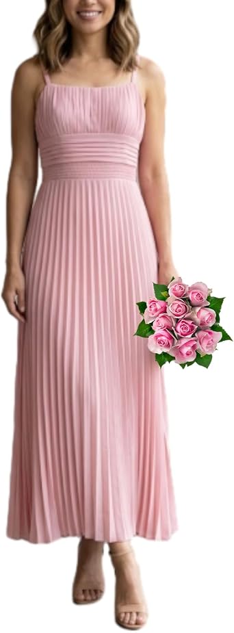 Womens Sleeveless Backless Pleated Maxi Dress, Summer Casual Adjustable Spaghetti Strap Long Flowy Dresses for Party