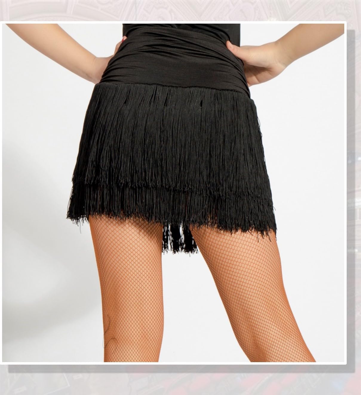 GD2002 Kid Latin Ballroom Dance Professional Pleated Surface and Double Tassel Swing Design Skirt for Girl