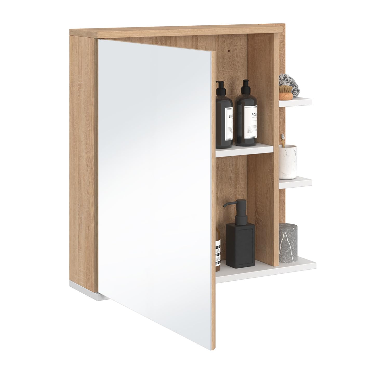 IDMarket - Meuble de Rangement Suspendu avec Miroir et étagères pour Salle de Bain TOMI façon hêtre et Blanc
