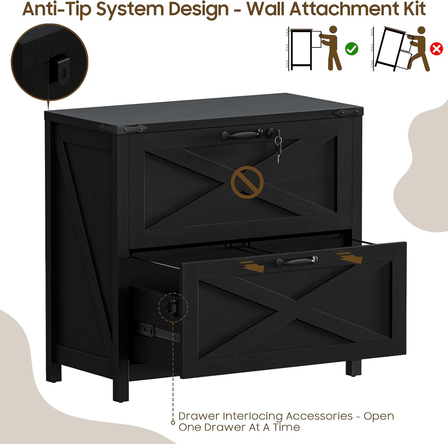 Lateral File Cabinet with 2 Large Drawers, Farmhouse File Cabinet with Lock for Letter/Legal/A4 Size Hanging Files, Wood File Storage Cabinets Printer Stand for Home Office Cabinets, Rustic Black