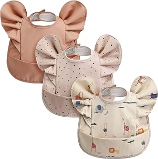 مريلة اطفال سيليكون مقاومة للماء قابلة للغسل وسهلة المسح، مرايل تغذية ناعمة مع اداة التقاط طعام للاولاد والبنات، مستلزمات منزلية مناسبة للسفر - 3 قطع