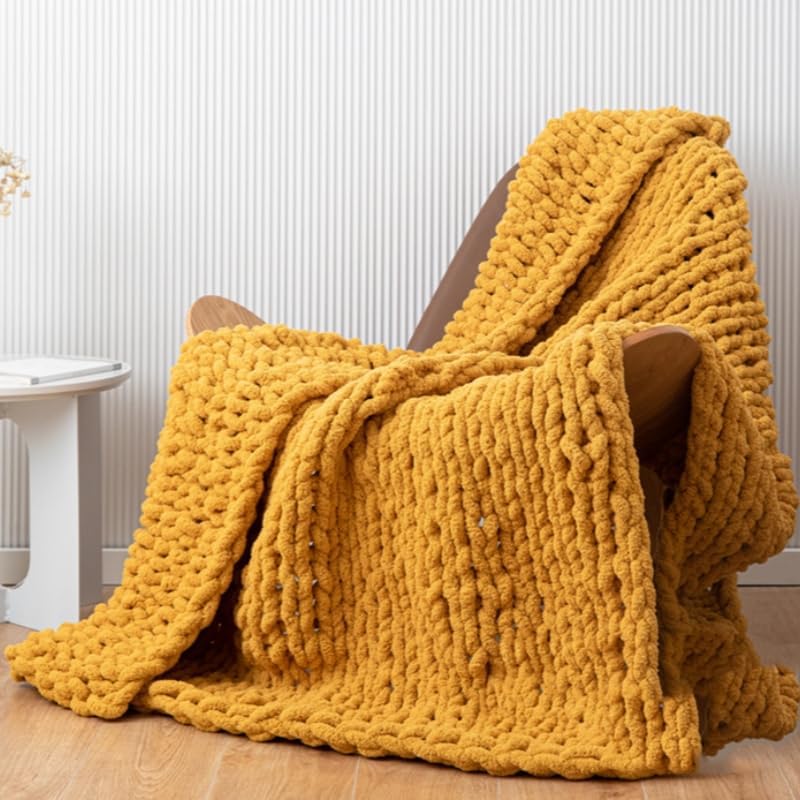 Chunky Knit Blanket Throw 40"×40", Hand Knitted Warm Chenille Throw Blanket, Home Decor Soft Thick Yarn Cable Knit Blanket,Soft Breathable Fleece Banket Christmas for Couch Bed Sofa Best Gift (Yellow) - Image 5
